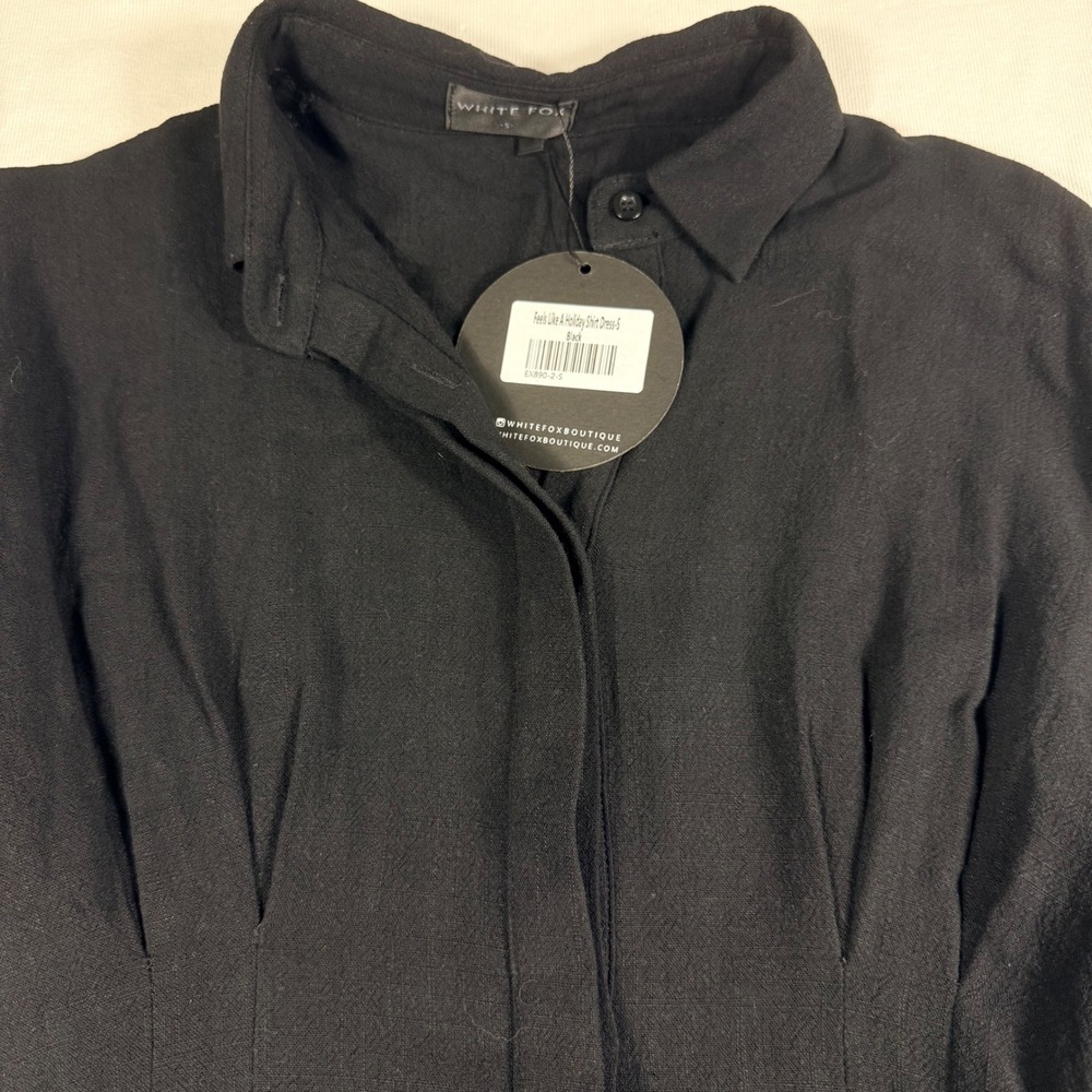 White Fox Feels Like A Holiday Shirt Dress Small Black Pleated Waist Long Sleeve - Picture 3 of 14